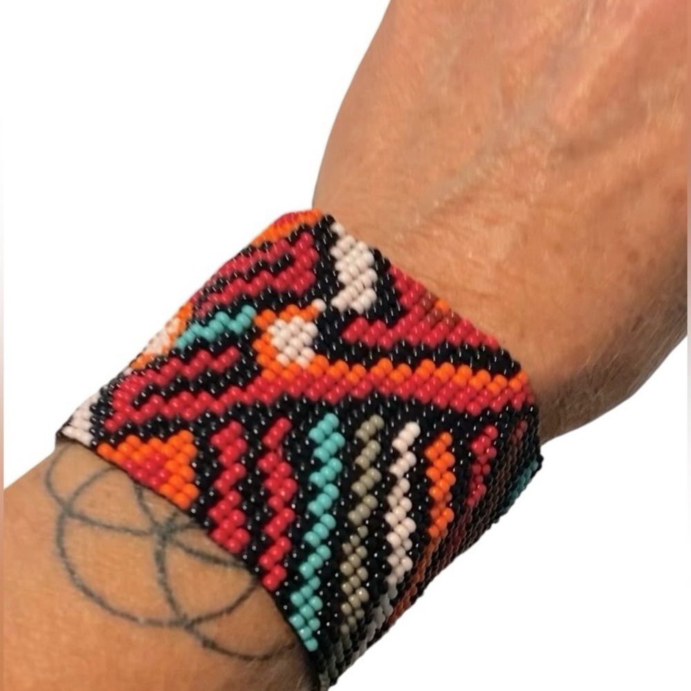 Aztec Bohemian Boho Beaded Large Cuff Bracelet Handmade Black Red Orange